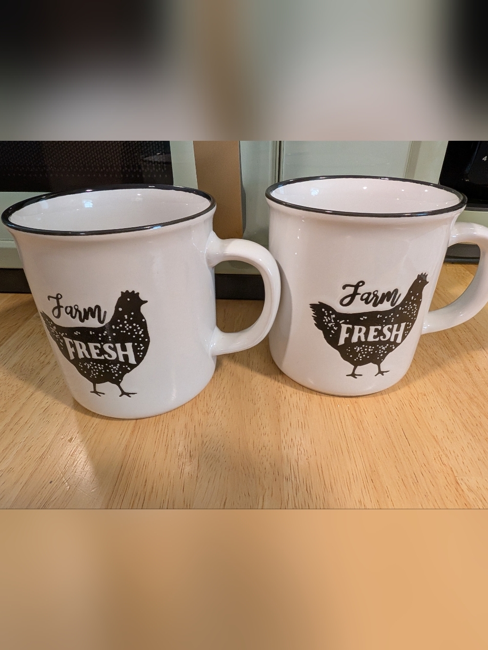 2 White Ceramic 'Farm Fresh' Mugs with Chicken Accent